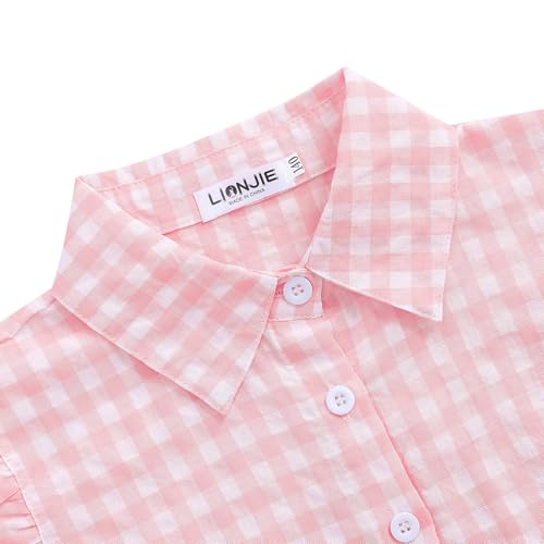 Image of Girls Sleeveless Plaid Button Down Shirt Summer Crop Tops Tie Knot Ruffle Sleeve Shirt Blouse 3-12Y