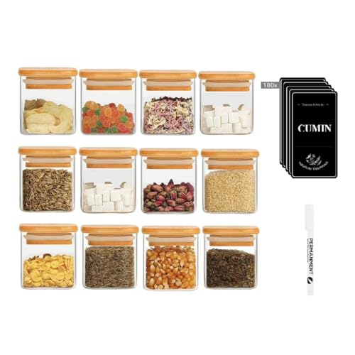 Gewürzgläser Eckig 12er Set,120ml Gewürz Organizer Gewürzdosen Set Bambusdeckel,Gewürzstreuer Glas Gewürzbehälter mit Etiketten und Weißem Kreidestift Spice Jars