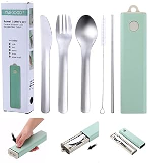 Camping Cutlery Set with case Outdoor Dining Cutlery Set Reusable Cutlery Set with Knife,Fork,Spoon, Straw, Brush picnicware for Home Use/Travel Cutlery Set ( Green & Grey)