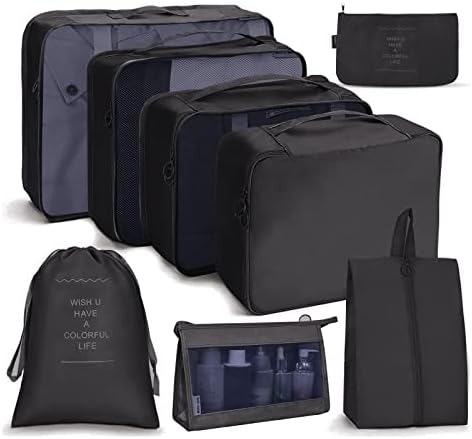 OSDUE Koffer Organizer Set 8-teilig, Packing Cubes, Wasserdichte Reise Kleidertaschen, Packtaschen für koffer, Verpackungswürfel mit Kosmetiktasche, Schuhbeutel, USB Kabel Tasche (