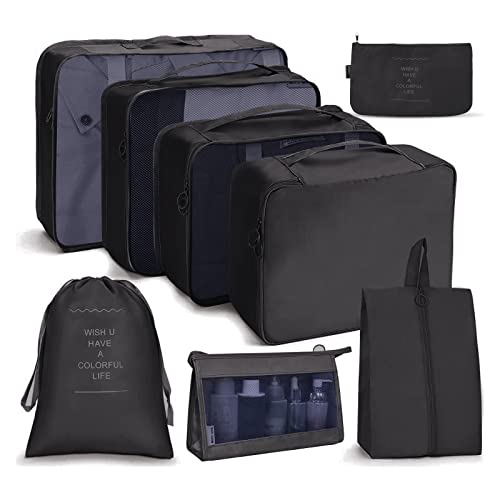 OSDUE Koffer Organizer Set 8-teilig, Packing Cubes, Wasserdichte Reise Kleidertaschen, Packtaschen für koffer, Verpackungswürfel mit Kosmetiktasche, Schuhbeutel, USB Kabel Tasche (Schwarz)