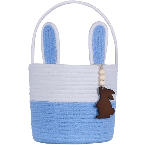 Image of Easter Basket, Empty Easter Baskets for Kids Boys Girls with Bunny Tag Egg Basket Eater Gifts Basket Toddler Teens Babys First Easter Basket with Handle Blue White