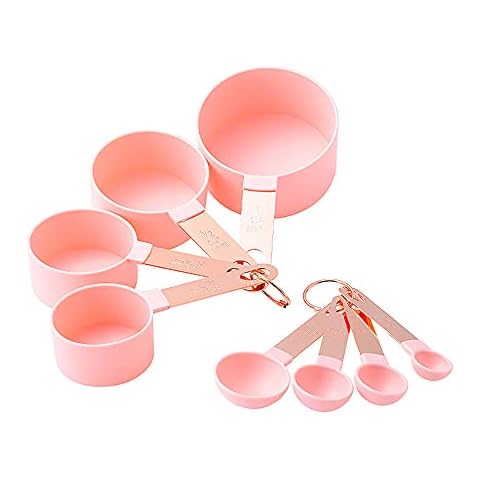 8 Piece Measuring Cups and Spoon Set - Plastic Measuring Cup and Spoon with Stainless Steel Handle, Measuring Tool for Liquids and Solids Cooking & General Kitchen Use (Pink) Cover