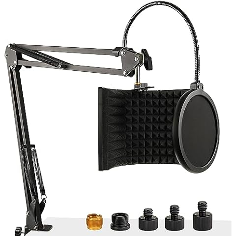 Microphone Isolation Shield with Mic Stand and Pop Filter, Foldable Sound Shield for Most Condenser Microphone Recording Equipment Studio, High Density Absorbent Foam to Filter Vocal by Frgyee Cover