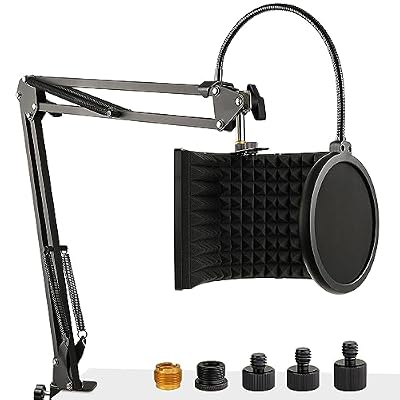 Microphone Isolation Shield with Mic Stand and Pop Filter, Foldable Sound Shield for Most Condenser Microphone Recording Equipment Studio, High Density Absorbent Foam to Filter Vocal by Frgyee