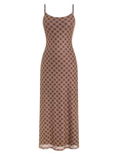 ZAFUL Womens Summer Maxi Dress Spaghetti Strap Mesh Stretch A Line Dresses 2026 Plaid Casual Sleeveless Beach Vacaion Slip Long Sundress Spring Clothing Brown Small — view 5