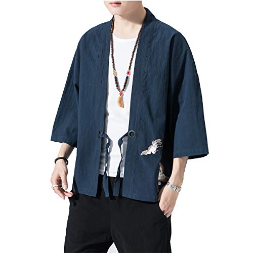 Image of PRIJOUHE Men's Kimono Jackets Cardigan Lightweight Casual Cotton Blends Linen Seven Sleeves Open Front Coat Outwear