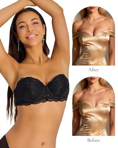 Image of Strapless Bra Push Up Lace Padded Convertible Multiway Underwire Bras Add 1 Cup