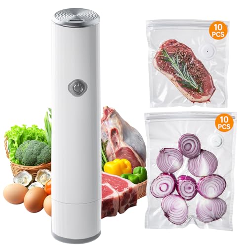 THETCHRY Sellador al vacío, sellador al vacío compacto de mano, bomba de vacío para alimentos frescos y ahorra preparación de comidas, máquina selladora al vacío inalámbrica portátil, con 20 bolsas de