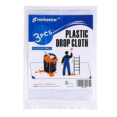 TOPGREEN 3 Pack All New Painters Plastic Drop Cloth 9 Feet by 12 Feet Plastic Drop Cloths for Painting Funiture Paint Tarp Drop Cloth Disposable Waterproof Plastic Cover