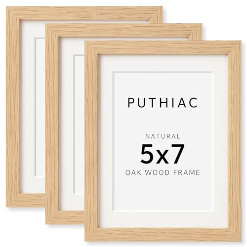 puthiac 5x7 Solid Oak Wood Picture Frames, Natural Oak, 3 Pack