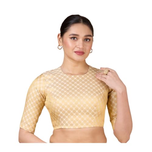 Image of Studio Shringaar Women Brocade Silky Jewel Neck Readymade Elbow Length Sleeve Saree Blouse