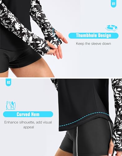 Viodia Womens Swim Shirt UPF50+ Rash Guard Long Sleeve Swimsuit Top Sun Protection Shirts Bathing Suit with Zipper Black Flower S — view 4