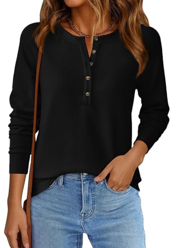 Image of PRETTYGARDEN Women's Long Sleeve Waffle Knit Henley Shirts Loose Tunic Tops