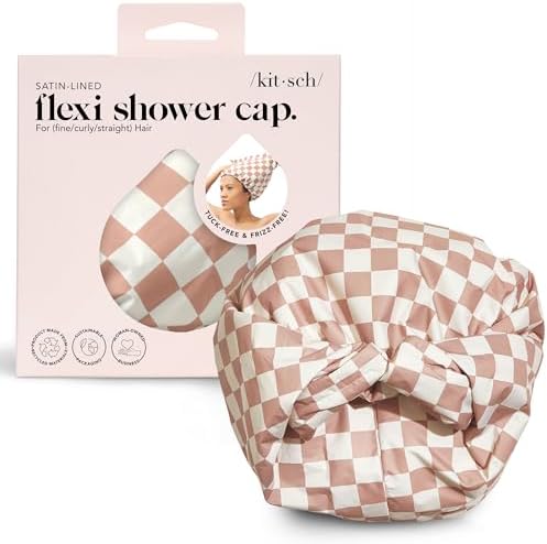 Kitsch Luxury Shower Caps for Women Reusable Waterproof - Flexi Satin Lined, Large Wide Shower Cap for Women & Men, Adjustable, Stylish Hair Cap for Shower, For Long & Short Hair - Terracotta Checker