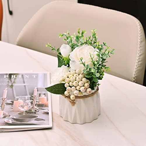 Artificial Flowers with Vase, Realistic Hydrangea Roses Silk Flower Arrangements Fake Eucalyptus Plants in Pot for Home Decoration Wedding Table Centerpiece Living Room Bedroom Office Party Decor