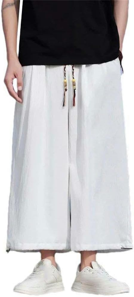Summer Ankle Trousers Men Chinese Style Casual Loose Harem Pants Men Lightweight Wide Legs Straight Cropped Pants