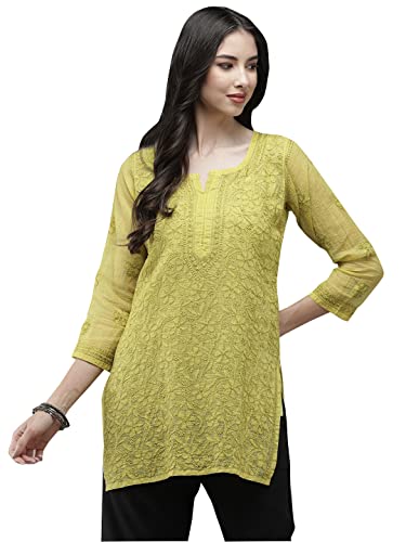 Image of Ada Women's Cotton Blend Regular Fit Tunic Hand Embroidered Lucknowi Chikankari Kota Western Top Kurti With Slip A911184