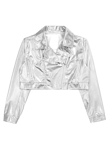 easyforever Kids Girls Shiny Metallic Biker Motorcycle Jacket Long Sleeve Hip Hop Jazz Street Dance Coat Outwear3