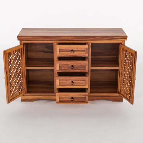 Image of Solid Sheesham Wood Sideboard and Cabinets | Wooden Side Board Media Console Tv Cabinet for Living Room | Standing Cabinet with 4 Drawers & 2 Door Cabinet Storage | Natural Finish