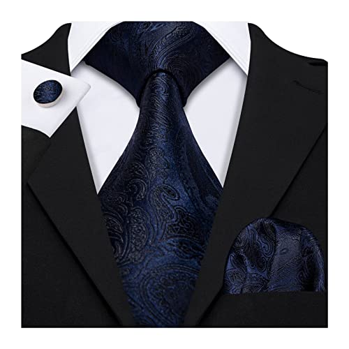 UVERLY Conjunto de gravatas de seda masculinas para homens azul escuro gravata lenço Jacquard trança