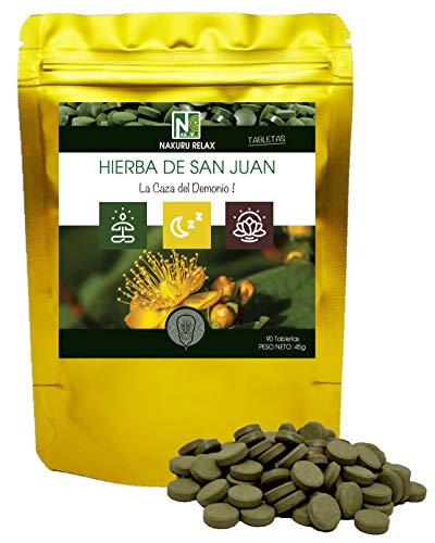 Hierba de San Juan/NAKURU Relax/Polvo orgánico seco y comprimido en frío/Analizado y acondicionado en Francia /'¡La Caza del Demonio!' (90 Tabletas de 500mg / Peso Neto: 45g / Dorado)