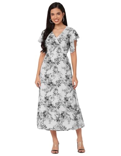 Image of Moomaya Women's Printed Dress, V-Neck, Short Sleeves, Ruffled Midi Summer Dress