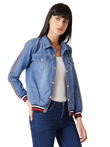 Image of Miss Chase Women's Polo Neck Full Sleeves Patch Pocket Denim Overcoat Knee-Length Jacket