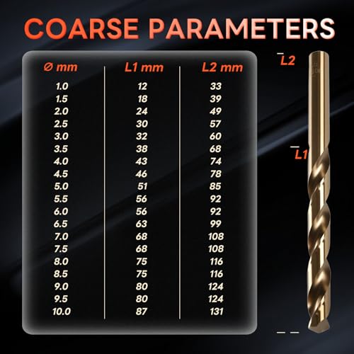 Image of COMOWARE Metal Drill Bit Set, 19 Pieces, HSS-E M35 1-10 mm Drill Bit Set, Spiral Drill Bit Set, Professional for Metal, Steel, Iron, Self-Centring for Metalworking Drill Accessories