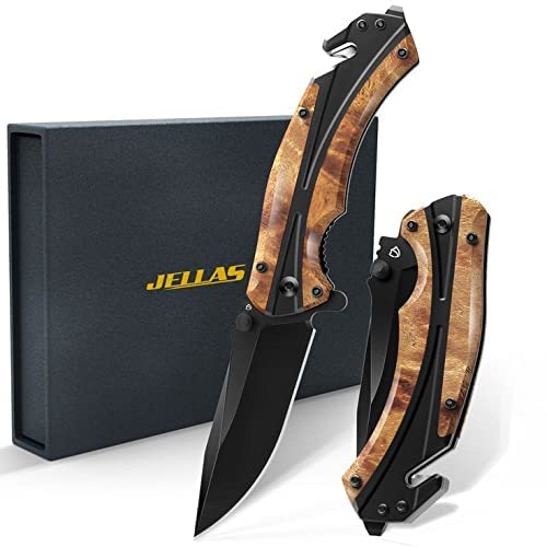 Pocket Knife, Jellas Professional Folding Knife for Men D2 Stainless Steel with Figured Wood Handle - Tactical Knife with Safety Liner Lock for Camping Survival Indoor and Outdoor, Best Gift for Men and Women KN05