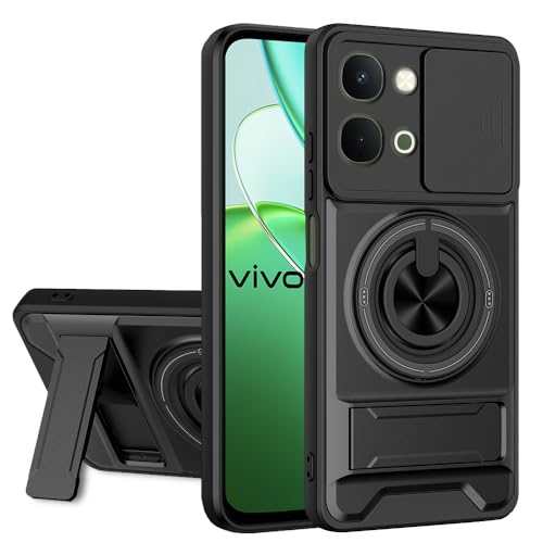 Image of AESTMO iQOO Z11X / Vivo T5X / Vivo Y51 Pro 5G Back Cover | Armor Camera Slider 360 Degree Rotating Finger Ring Holder Case with Bracket Stand & Camera Protection Back Case Cover (Black)