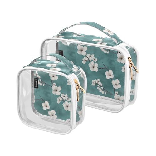 Paquete de 2 neceseres decorativos transparentes de viaje, aprobados por la TSA, color verde azulado, impermeables, con cremallera, artículos esenciales para el afeitado para maquillaje