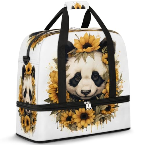 Travel Duffel Bags Flower Panda Foldable Weekender Bags for Women with Shoes Compartment Waterproof & Tear Resistant Carry on Overnight Luggage Duffel Bag Shoulder Sports Tote Bag