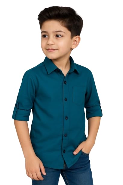 Image of Boys Kids Turquoise Blue Cotton Shirt, Long Roll-Up Sleeves, Party, Age 2-11 Years