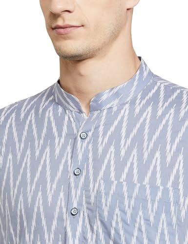 Image of See Designs Grey & White Cotton Regular Fit Mandarin Collar Printed Kurta Set