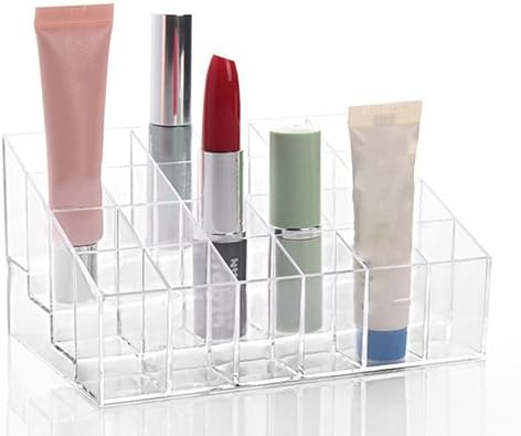 litymitzromq Organizador de maquillaje, almacenamiento de joyas y cosméticos, soporte transparente de 24 celdas para lápices labiales, soporte de