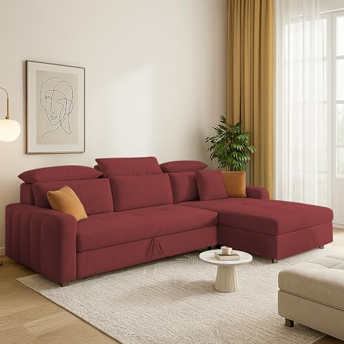 Image of Casaliving Gagnon RHS 4 Seater L Shape Corner Sofa Cum Bed for Living Room (Maroon Fabric) Premium Fabric Sofa