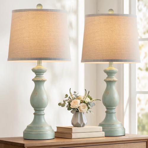 Image of PARTPHONER Traditional Table Lamp Set of 2, Rustic Farmhouse Table Lamps for Living Room Bedroom, 27 inch Bedside Desk Lamps Vintage Nightstand Lamps with Linen Shades, Light Green