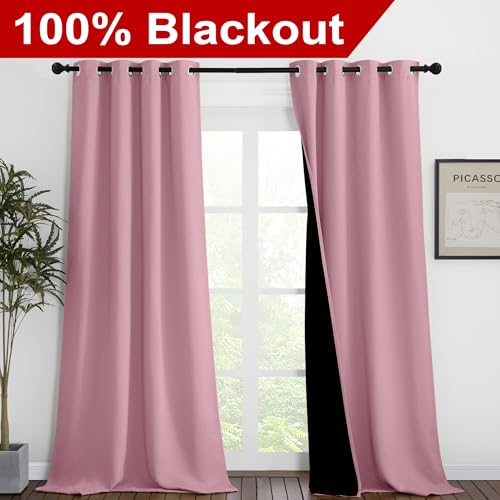 Image of NICETOWN 100% Blackout Blinds, Set of 2, 46 inches x 96 inches, Laundry Room Decor Window Treatment Curtains for Large Patio Sliding Door, Thermal Insulated Crystal Pink Curtains for Bedroom