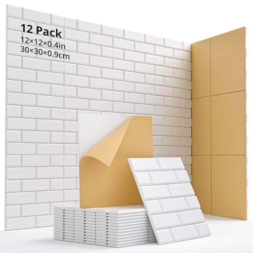 12 Pack Acoustic Panels 12"X12"X0.4" Sound Proof Foam Panels for Walls Decoration Soundproof Wall Panels High-Density Brick Acoustic Wall Panels, Sound Absorbing Panel for Home, Office Decor(White)