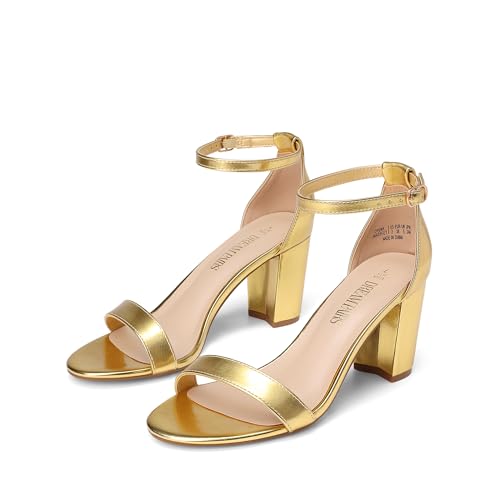 DREAM PAIRS Women's Comfort Block Heel Sandals | Open Toe Adjustable Ankle Strap Chunky Dress Heels, Fashion Heeled Sandals for Prom, Wedding Guest and Formal Events 5 Gold-metallic