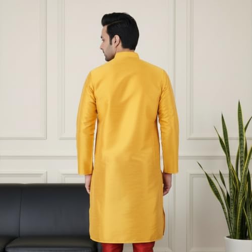 Image of Sadree Men's Silk Blend, Knee Length, Full Sleeve, Mandrin Collor, Solid Style, Attractive Colour, Solid Plain Kurtas