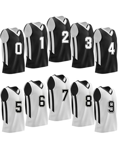 10-Pack Men's Reversible Custom Basketball Jerseys, Mesh Athletic Sleeveless Shirts Blank Team Scrimmage Pinnies Uniforms Set (Black/White, Iron-On Numbers)