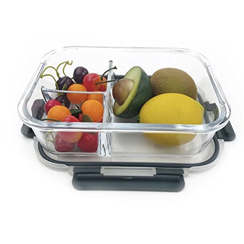 Generic Minimalist Three Compartment Glass Food Container, 20.7 cm (L) x 13.3 cm (W) x 7 cm (H), BPA-Free, Leakproof, Microwave & Oven Safe