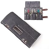 Salon Scissors Bag Roll Up, 12 Pockets Genuine Leather Stylist Grooming Scissors Holder Barber Hair Scissor Shears Cases for Hairdressers (HJ-ZP011-Grey)