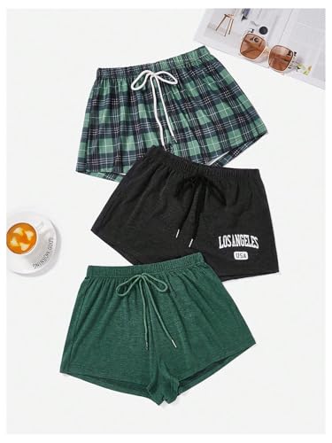 Image of WDIRARA Women's 3 Pack Plaid Letter Graphic Pajama Shorts Lounge Shorts | Elastic Waist ,Comfortable,Home Living,Sleepwear