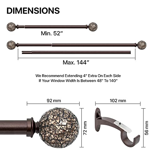 Deco Window 1 Inch Brown Curtain Rod Adjustable 72" To 144" For Windows And Doors Curtains With Decorative Round Mosaic Finials & Brackets Set #TOP4