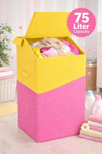 Image of 75L Large Laundry Basket with Lid, Foldable Non-Woven Fabric Clothes Hamper with Durable Handles, Heavy Duty Storage Bag for Bedroom, Bathroom, Nursery & Toys, Space-Saving Organizer (pink yellow)