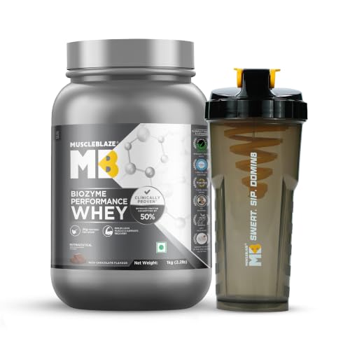 MuscleBlaze Biozyme Performance Whey Protein Powder, Rich Chocolate (1kg) + Cyclone Blender Gym Shaker (700ml)