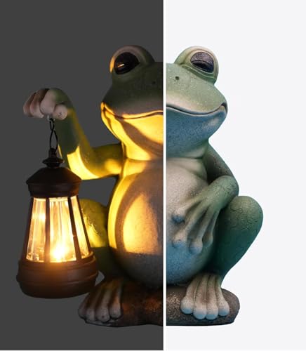 Solar Frog Garden Statue Outdoor with Lights, Large Resin Frog Decor with Solar Lantern, Waterproof Garden Decor for Yard Patio Lawn, Outdoor Animal Statue Gift for Housewarming Birthday Christmas
